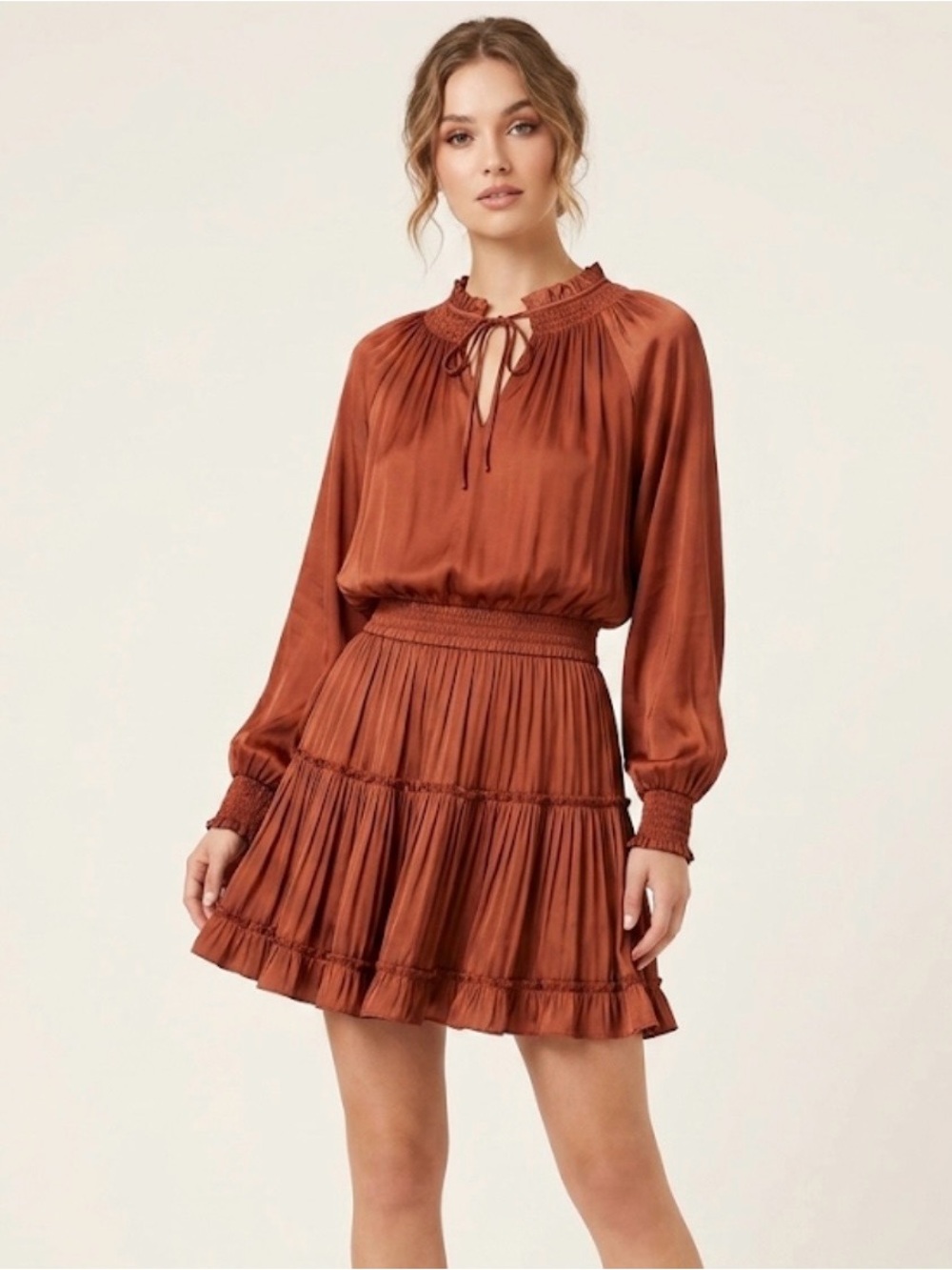 Reset by Jane Rust Satin Long Sleeve Mini Dress | Flowy Boho Style